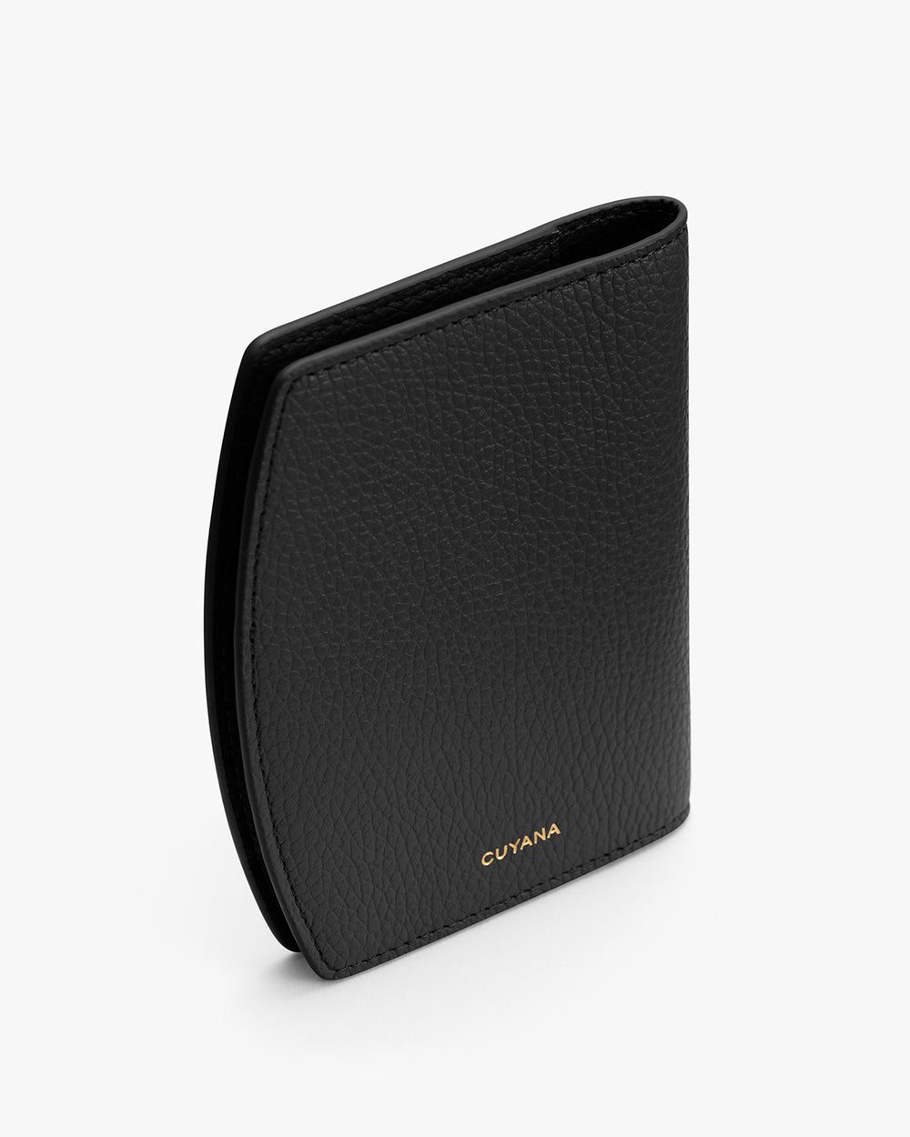 Folded textured wallet with a brand name on the front.