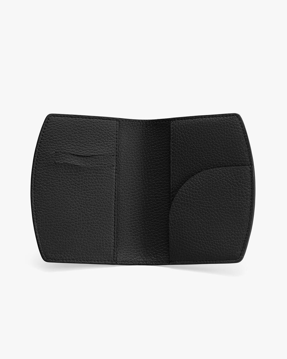 Open wallet with multiple card slots on a flat surface.