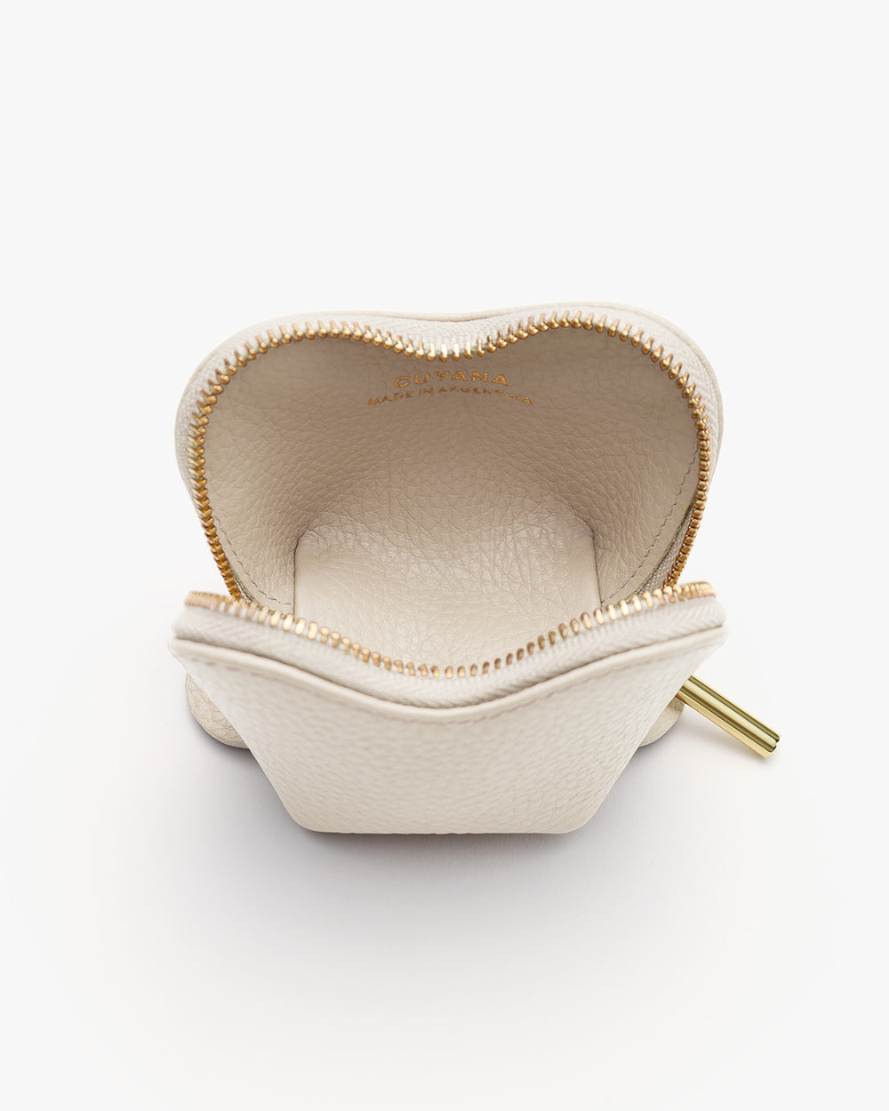 Small open pouch with zipper and embossed branding inside.