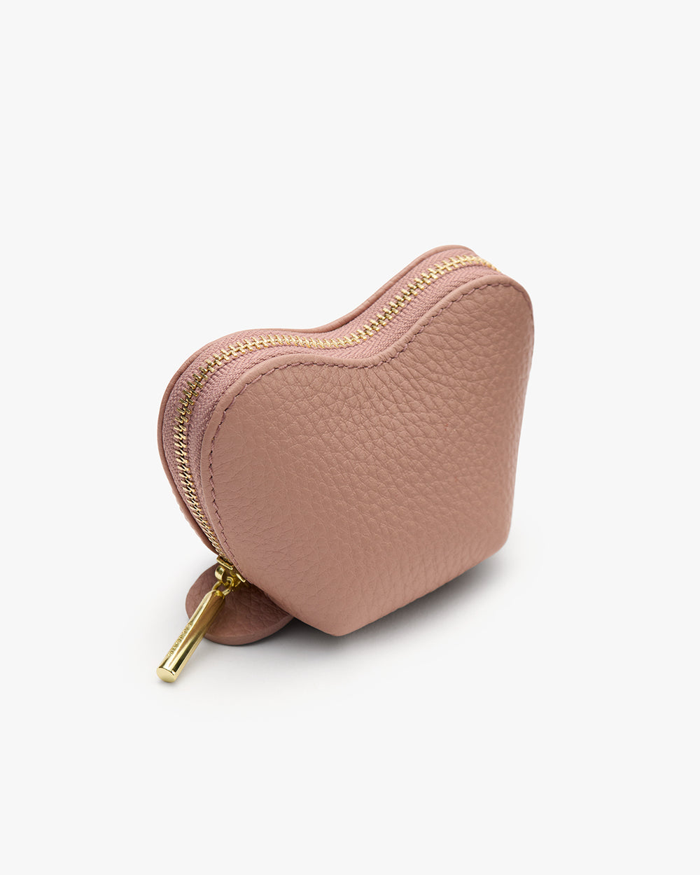 Tiny Heart Case Heart-shaped textured pouch with zipper on white background.