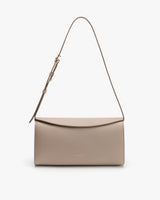 Rectangular shoulder bag with adjustable strap and flap closure.