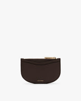 Half-moon leather coin pouch with zipper on top.