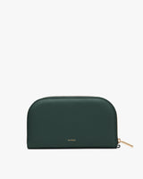Rectangular pouch with zipper and text on front.