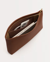 Open zipper pouch containing phone and tablet