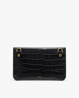 Rectangular clutch with croc-embossed leather and two gold-tone accents.