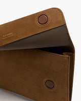 Close-up of an open suede wallet with button closure.
