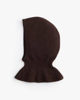 Knitted hood with ribbed edge design.