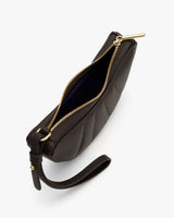 Small wristlet with a zipper opening and wrist strap.