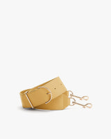 Wide strap with metal clasps and a large buckle on a plain background.