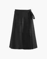Knee-length wrap skirt with side tie.