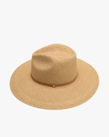 Wide-brimmed woven hat with a round crown and thin band detail.