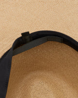 Inside view of a woven hat with a black band.