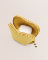 Small pouch with zipper partially open showing earbud case inside.