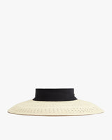 Wide-brim straw hat with a black band.