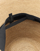 Inside view of a woven hat with an adjustable strap and band.
