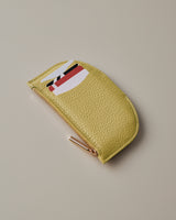 Cardholder with zipper and three cards partially visible in slots.