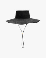 Wide-brimmed hat with chin strap.