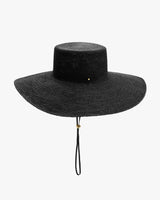 Wide-brim hat with strap and bead detail.