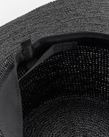 Wide-brimmed woven hat with inner strap detail.