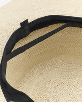 Inner view of a wide-brimmed hat with a black band.