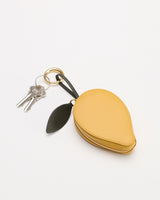 Keychain with a small zipper pouch shaped like a fruit and attached keys.