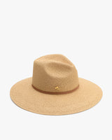 Wide-brimmed hat with a small logo detail.
