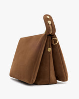 Rectangular handbag with side profile view and gold hardware accents.