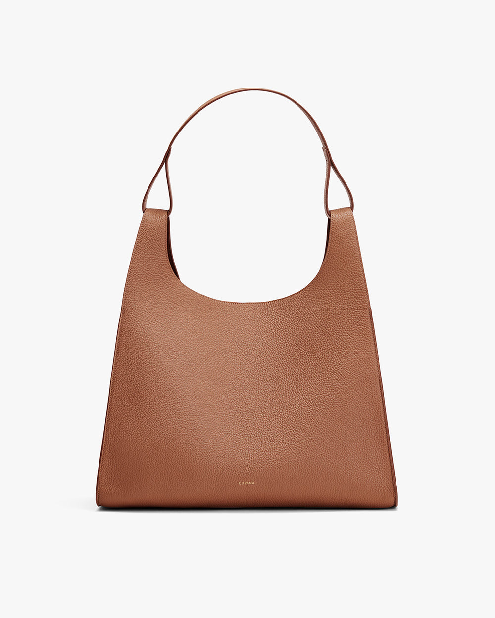 Handbag with a single handle and curved top edge displayed against a plain background.