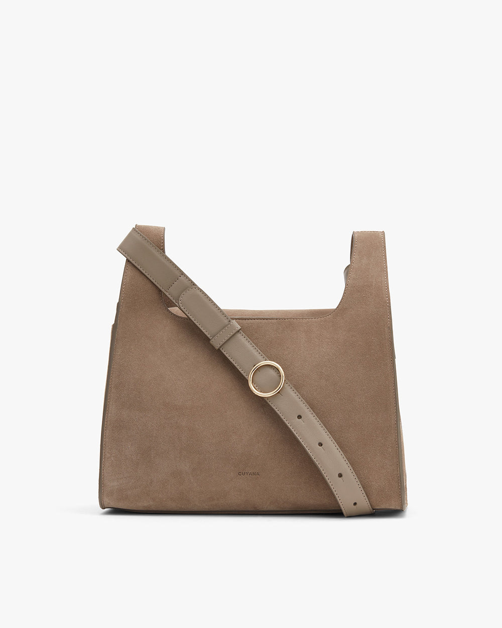 Suede shoulder bag with adjustable strap and metal ring detail.