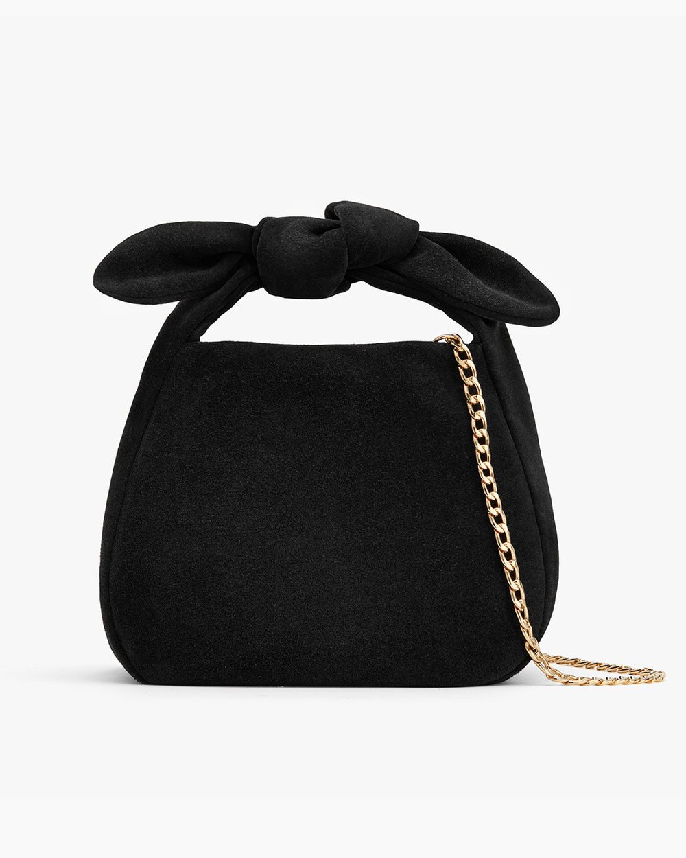 Handbag with a knotted handle and a chain strap.