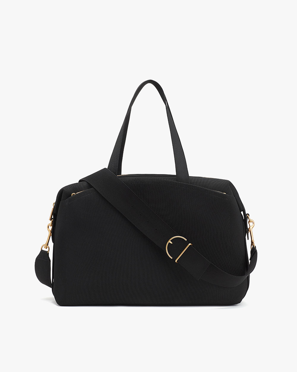 A travel bag with a shoulder strap and top handles.