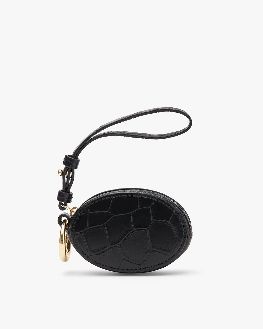 Small oval-shaped bag with a wrist strap and metal clasp.