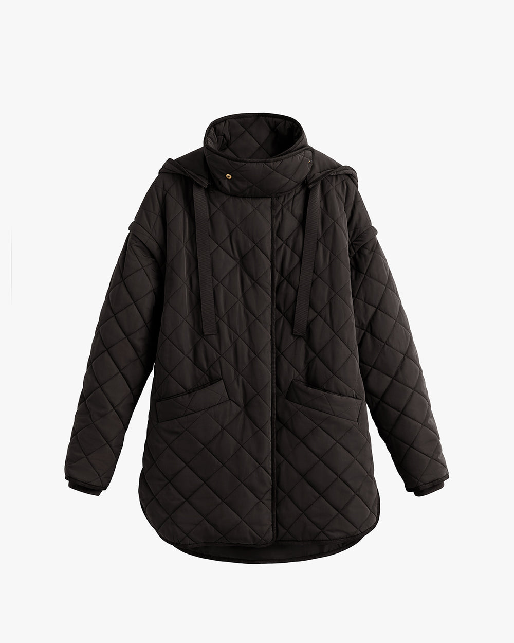 Quilted jacket with hood and front pockets on a white background.