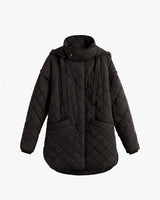 Quilted jacket with hood and front pockets on a white background.