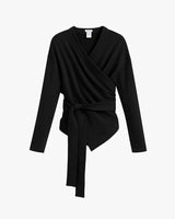 Long-sleeve wraparound top with V-neckline and tie at the waist.