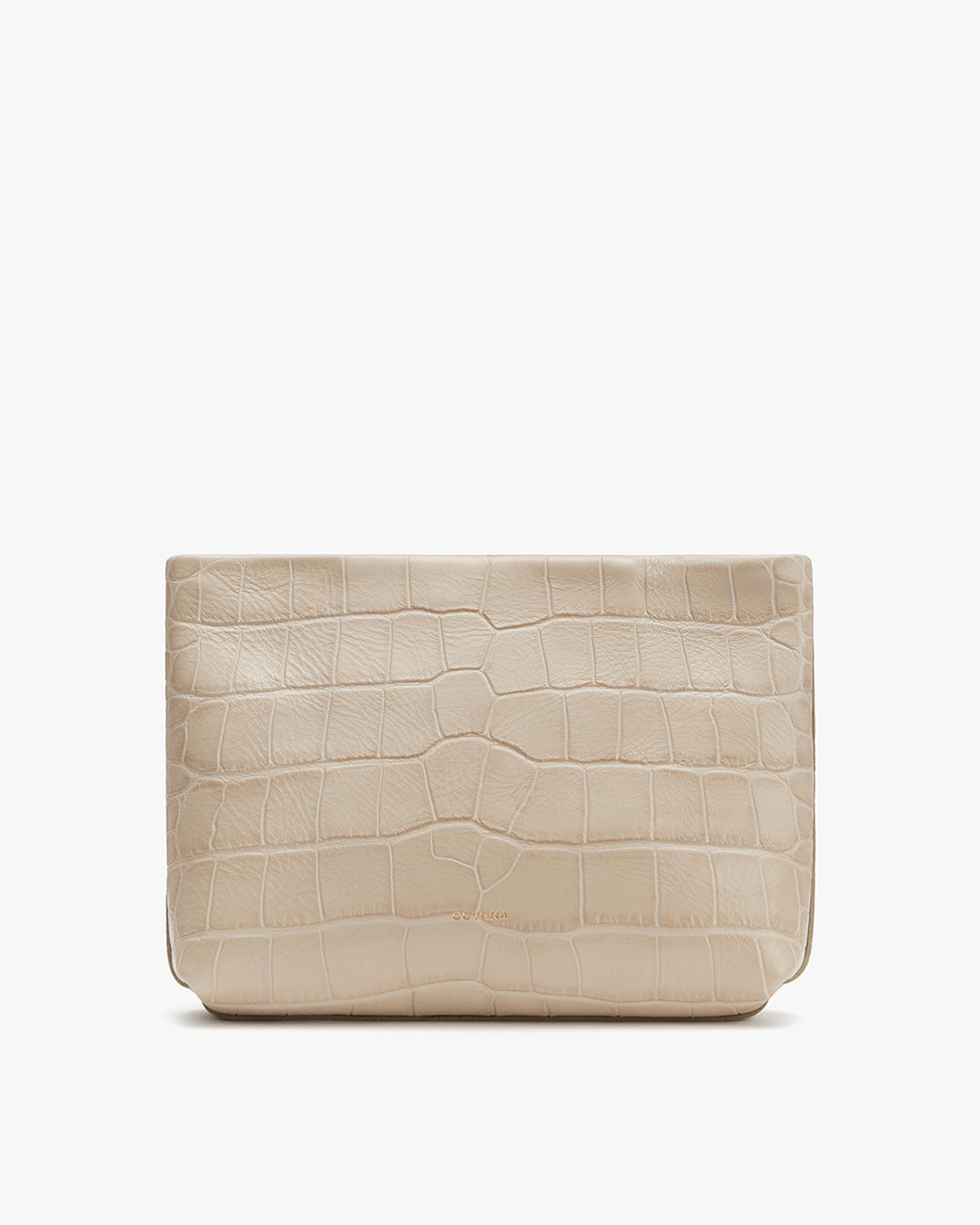 Clutch with fold-over top and textured exterior.