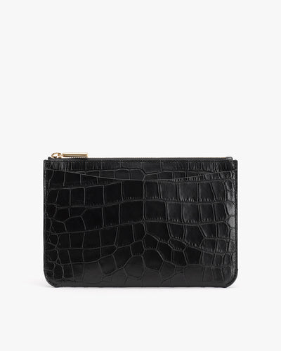 Flat pouch with textured pattern and zipper closure.