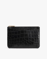 Flat pouch with textured pattern and zipper closure.