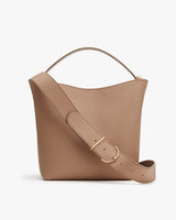 Leather handbag with a shoulder strap and metal clasp.