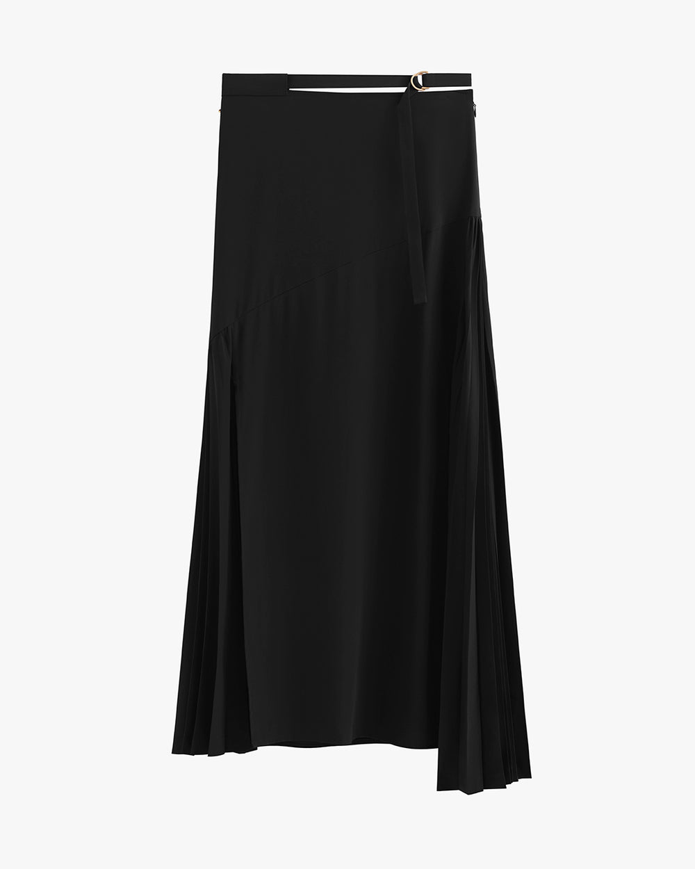 Long pleated skirt with a belt and side slit