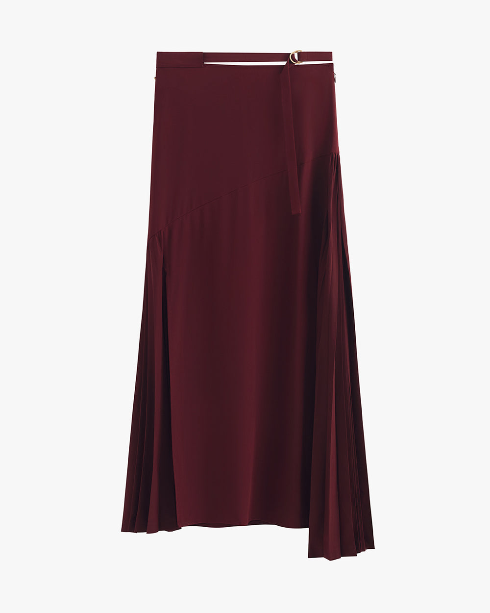 Asymmetrical pleated midi skirt with belt detail