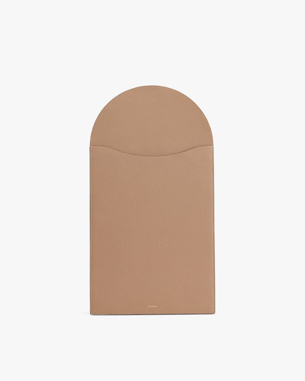 Rectangular leather laptop sleeve with a curved flap closure.