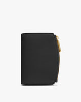 A small wallet with a zipper on the right side.