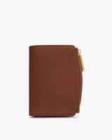 Wallet with a zippered edge and card slots.