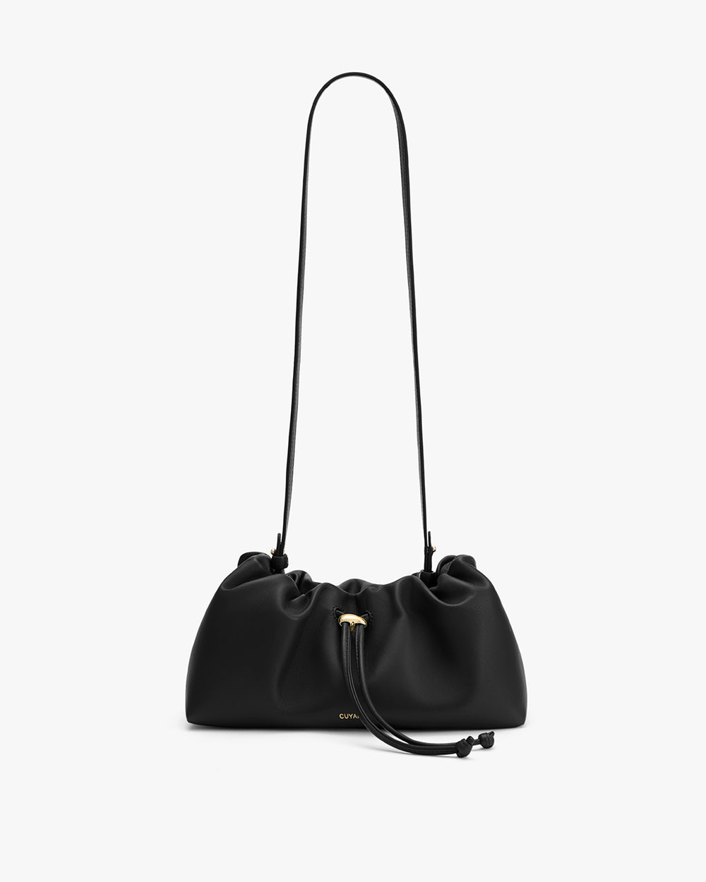 Leather shoulder bag with drawstring closure and long strap.