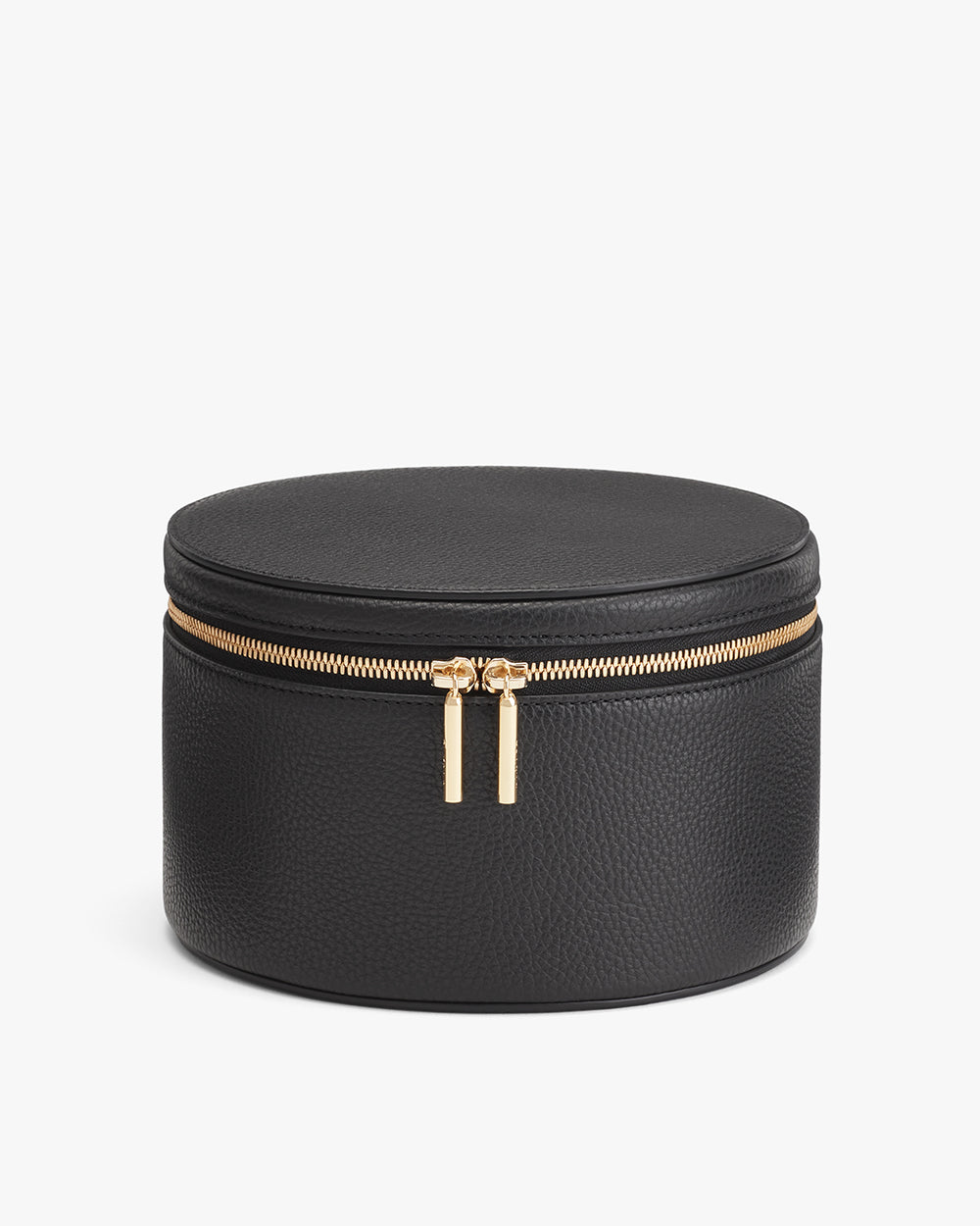 Round zipped case on a plain background.