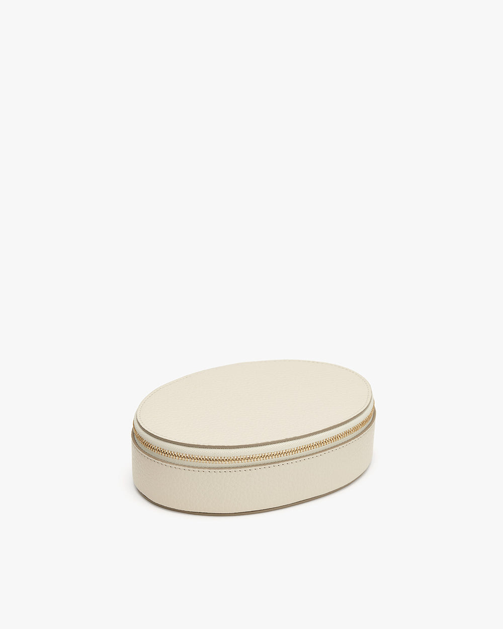 Oval-shaped zippered case on a plain background.