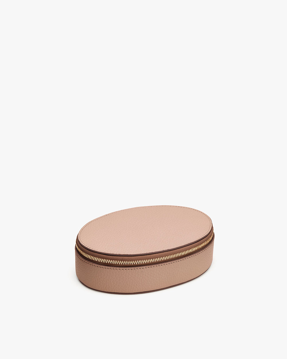 Oval-shaped case with a zipper on a plain background.