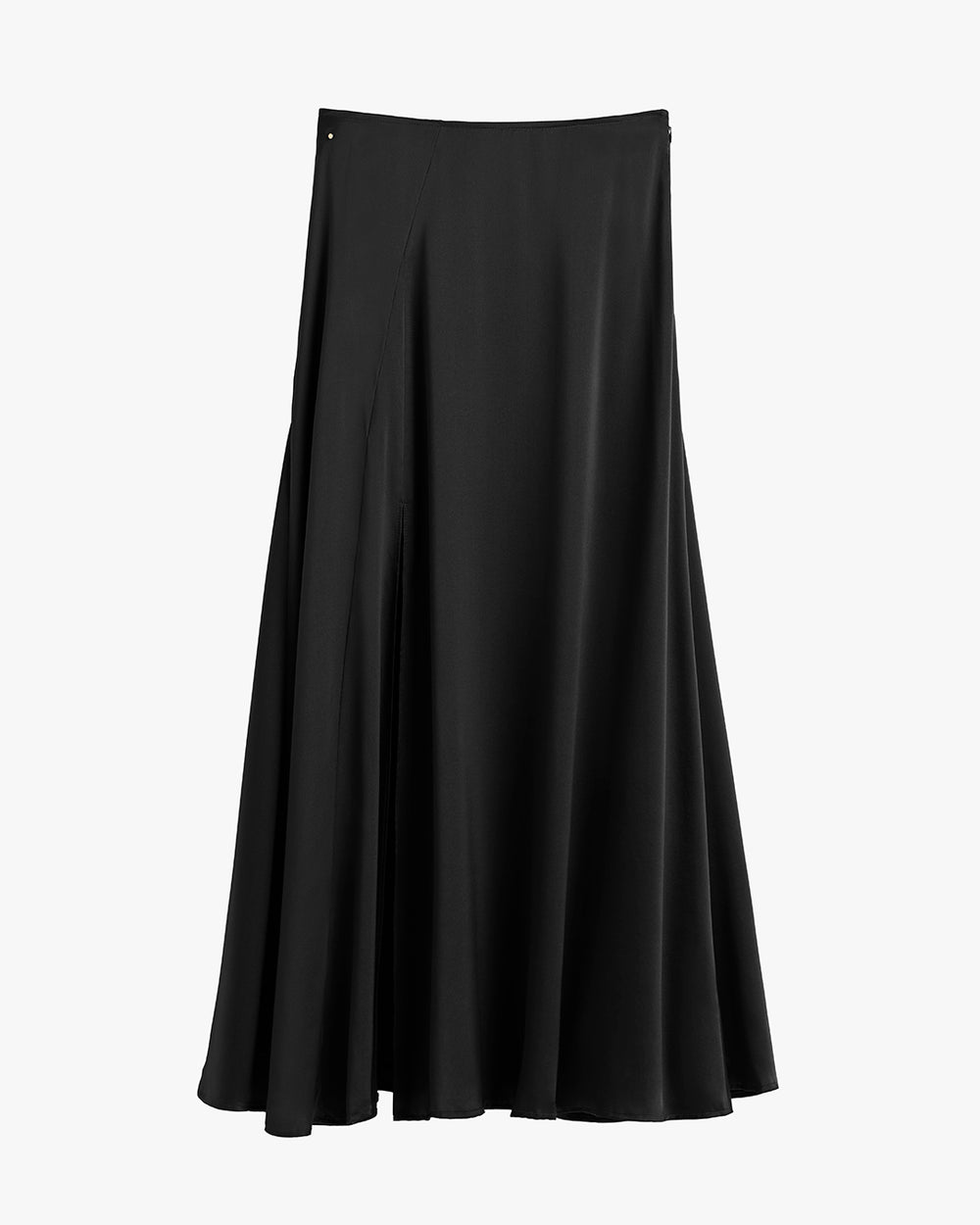Long flared skirt hanging against a plain background.