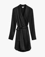 Long-sleeved wrap dress with a belt.